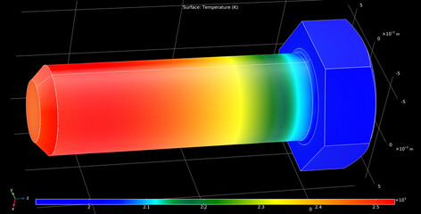 Metal bolt, screw drawing. Computer technic  3d modeling of steel mechanical part.  Thermal cad analysis. Investigation of temperature distribution on surface of mechanical part. © TKalinovskaya