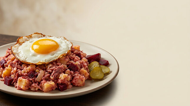 A plate of traditional Labskaus with corned beef, potatoes, beetroot, pickles, and a fried egg