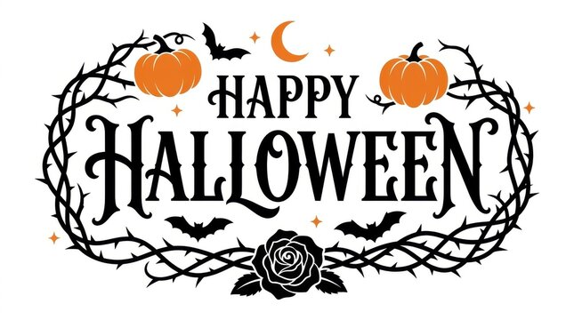 Happy Halloween vintage wreath with pumpkins and crescent moon on black background