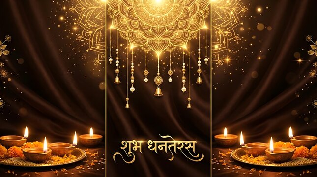 Shubh dhanteras festive background with golden mandala, hanging bells, and glowing oil lamps on dark fabric