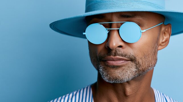 A stylish man in sunglasses and a hat poses against a blue background, exuding confidence.