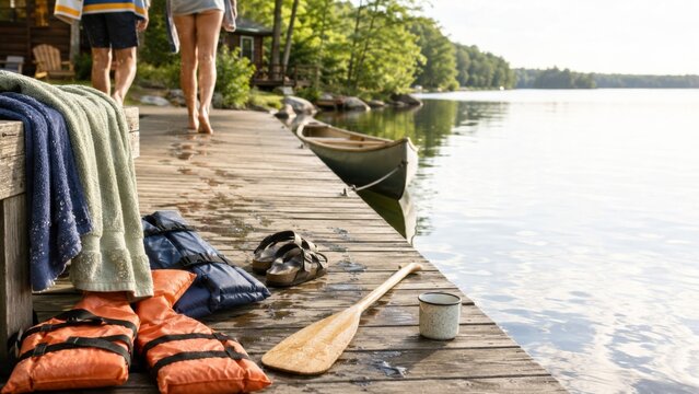 Lakehouse aesthetic with dock view, paddles, life vests, and canoe, summer holiday, background