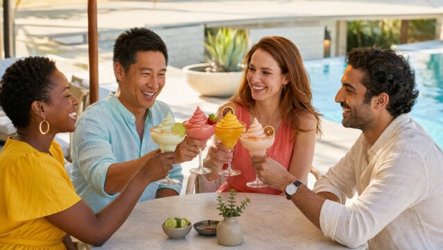 Group enjoying soft serve margaritas by poolside in summer setting