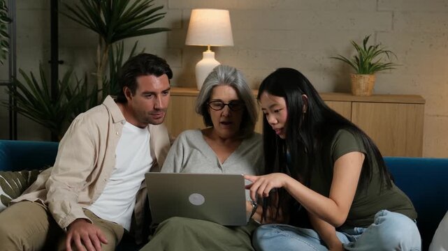 Happy family with grandmother, father, and daughter celebrating winning something online