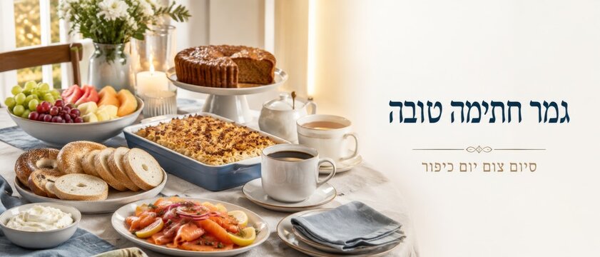 Yom Kippur meal spread with bagels, fruit, and desserts on table, with text space
