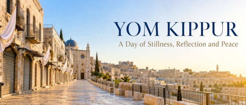 Yom Kippur observance in historic city street at sunrise, featuring peaceful ambiance