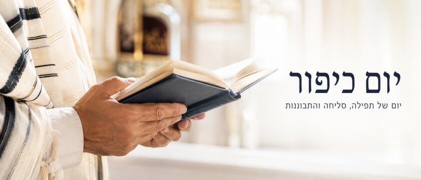 Yom Kippur prayer book in hands of a man during service in synagogue
