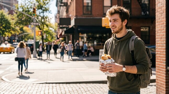Young man holding a sandwich on a sunny day in New York City celebrating National Sandwich Day