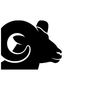 Minimalist ram head vector silhouette. Black and white goat icon with curved horns. Flat design mascot symbol for logo or emblem design. Agriculture brand identity