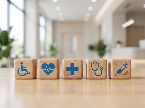 Healthcare accessibility concept featuring tactile wooden blocks and universal medical care pictograms