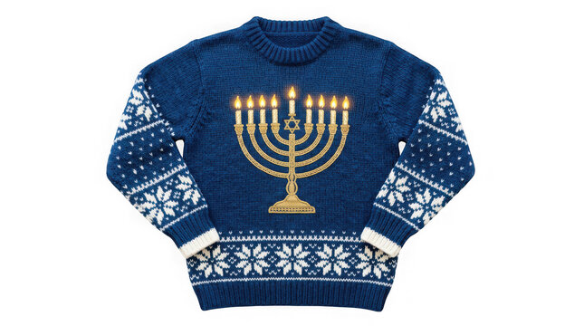 Blue knitted hanukkah sweater with menorah isolated on transparent background