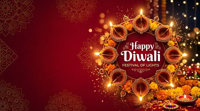 Happy diwali festival of lights greeting card with circular arrangement of glowing oil lamps and marigold flowers on red background