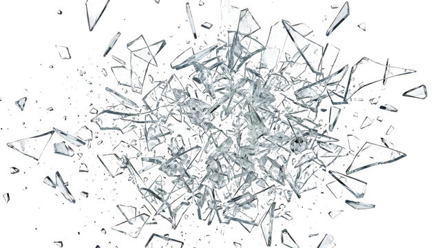 Shattered glass fragments exploding outward isolated on transparent background