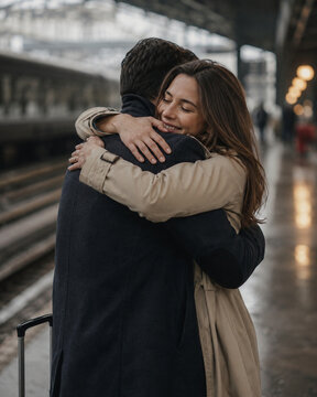 Woman warmly embracing her partner during an emotional reunion on a modern train platform, with luggage and softly blurred station lights suggesting travel, return and long-distance love.