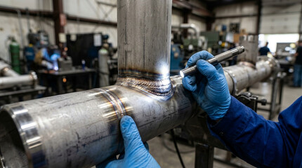 Naklejka premium Skilled worker inspects industrial pipe weld with flashlight in workshop