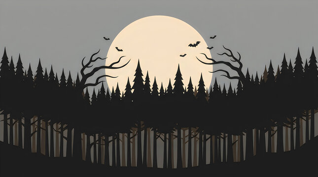 A hauntingly beautiful halloween scene featuring a full moon rising over a dark silhouetted forest and reflective waters