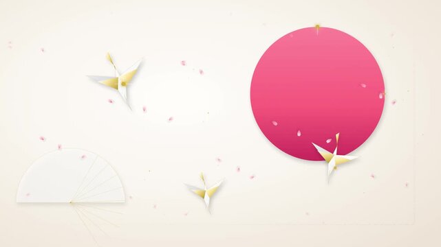 Elegant minimalist Japanese background with origami cranes flying near a large red sun and a white folding fan decoration