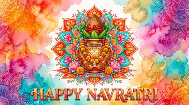 Happy navratri watercolor background greeting card with kalash