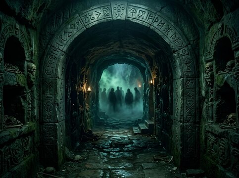 haunted ancient dungeon archway with glowing green runic inscriptions and mysterious shadowy figures for fantasy horror landscape illustration