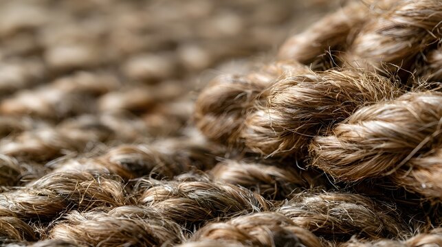 Close up of textured woven jute fibers showing natural fiber strands and detailed surface patterns under soft lighting