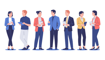 Obraz premium Business People Vector Character Set with Diverse Corporate Professionals, Entrepreneurs, and Office Executives Standing and Talking for Company Networking Concept Designs