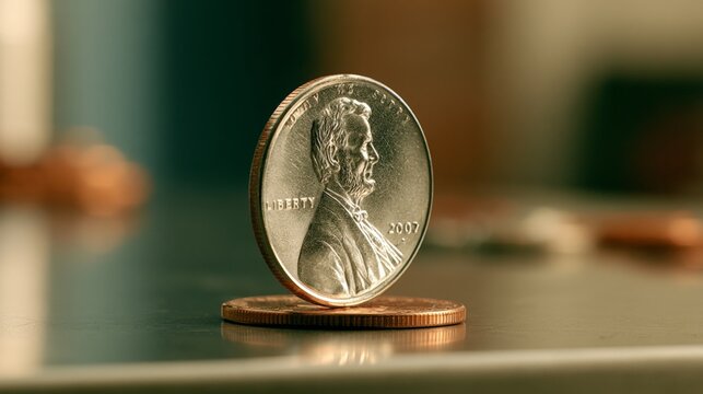 Close-up of a penny and a nickel displaying their details on a wooden surface.