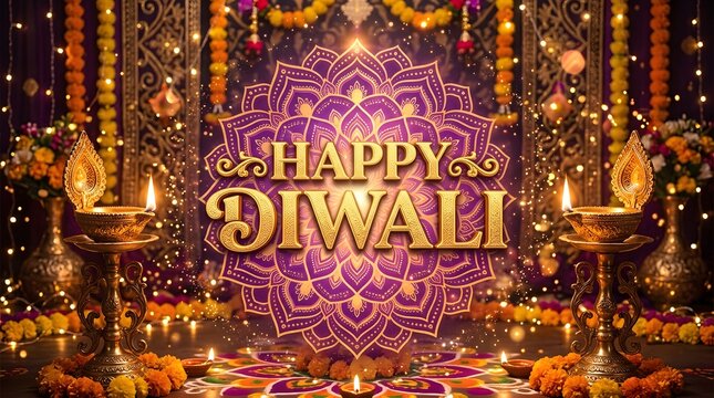 Happy diwali greeting card with glowing diya lamps and traditional mandala pattern