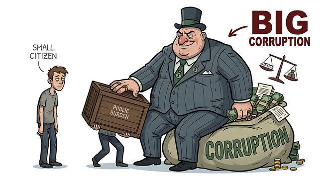 Corrupt businessman exploiting small citizen with money and power.
