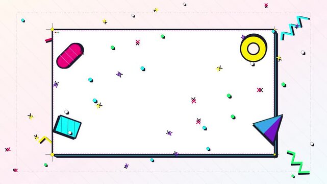 Dynamic 1990s Memphis style video background with colorful geometric shapes and floating confetti animation