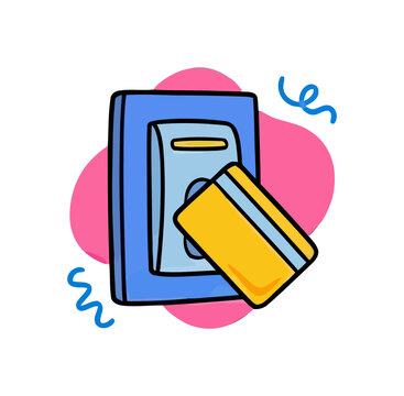 A yellow credit card is inserted into a blue card reader with pink background highlights