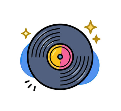 A colorful vinyl record spins with stars and a blue shape while playing music with a retro vibe