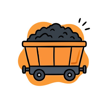 Orange coal cart filled with black coal on a white background with an orange blob