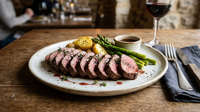 Sliced medium rare steak with asparagus and potatoes served on a plate with a glass of red wine.