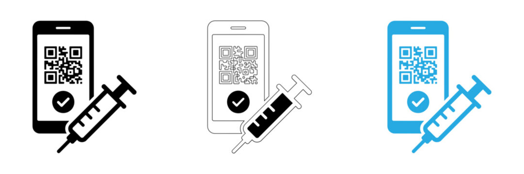 Digital covid passport on smartphone with syringe illustration in three color variations