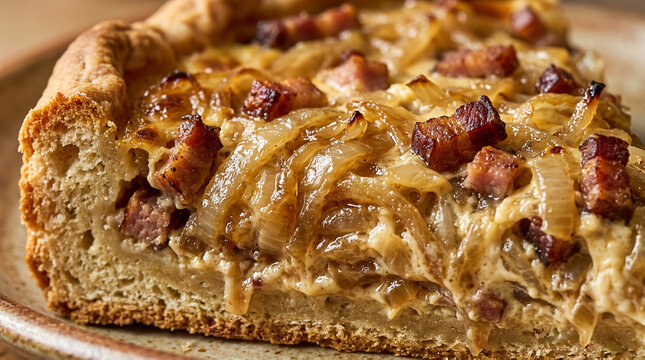 A close-up of a slice of traditional German onion tart, Zwiebelkuchen, filled with caramelized onions and crispy bacon on a flaky crust