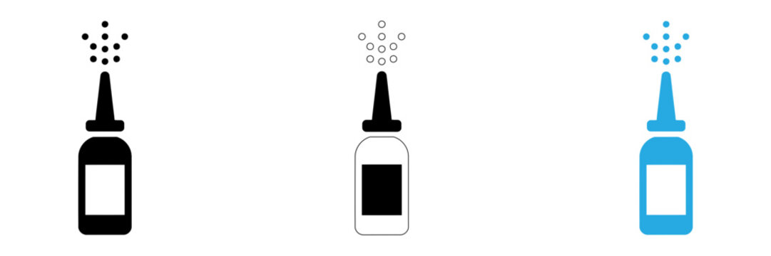 Three variations of a nasal spray bottle icon in black and blue colors