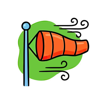 Orange windsock on blue pole shows windy weather while indicating direction and speed outdoors