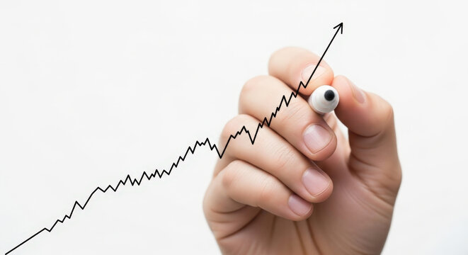 Hand drawing uptrend graph pointing direction of success against white backdrop symbolizing business development and progress
