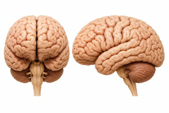 Anatomical human brain model showing front and side views isolated on clean white background.