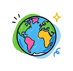 Naklejka premium cartoon earth planet illustration with colorful continents and playful doodles