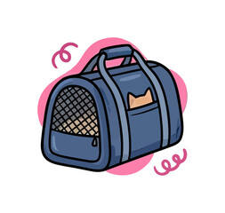 Fototapeta premium Cute cartoon cat peeking out of a blue pet carrier bag with pink swirls and a mesh window