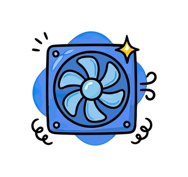 A blue computer fan illustration with sparkling accents and air currents indicating coolness and technology