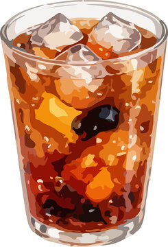 iced coffee soda or dark amber drink with ice cubes in a glass