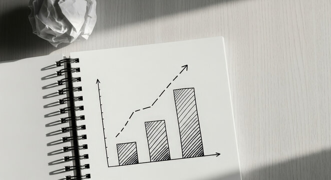 Hand Drawn Business Chart on Notebook with Crumpled Paper Ball Rising Sales Increase Revenue Progress Diagram Graph Data