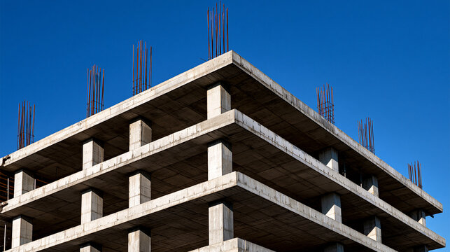 A modern building under construction featuring concrete columns and steel rebar against a bright blue sky. Concept for real estate development and growth.