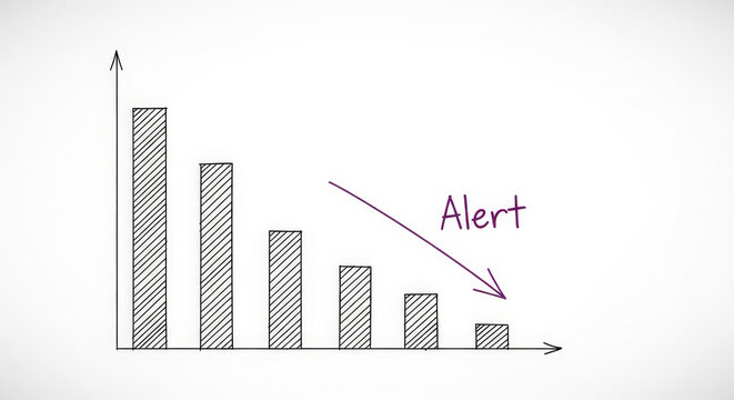 Hand Drawn Decrease Graph with Bars Showing Decline and Alert Message on White Background Business Finance Loss Investment Crisis Downturn Depression Concept