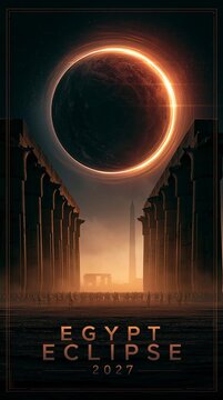 Retro travel poster featuring ancient Egyptian temple pillars silhouetted beneath the total solar eclipse of 2027, with a radiant solar corona and bold vintage vector styling.
