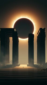 Retro travel poster featuring ancient Egyptian temple pillars silhouetted beneath the total solar eclipse of 2027, with a radiant solar corona and bold vintage vector styling.