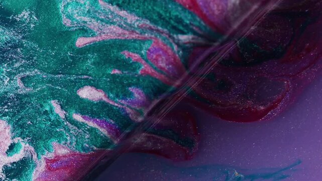 Paint drip. Geometric cube angle. Defocused green red purple color texture vivid splatter bubbles flowing on abstract art background.