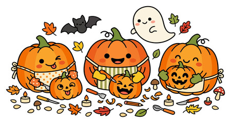 Fototapeta premium Cute kawaii pumpkins carving little jack o lanterns with ghost and bat halloween lanterns illustration character seasonal celebration mushrooms